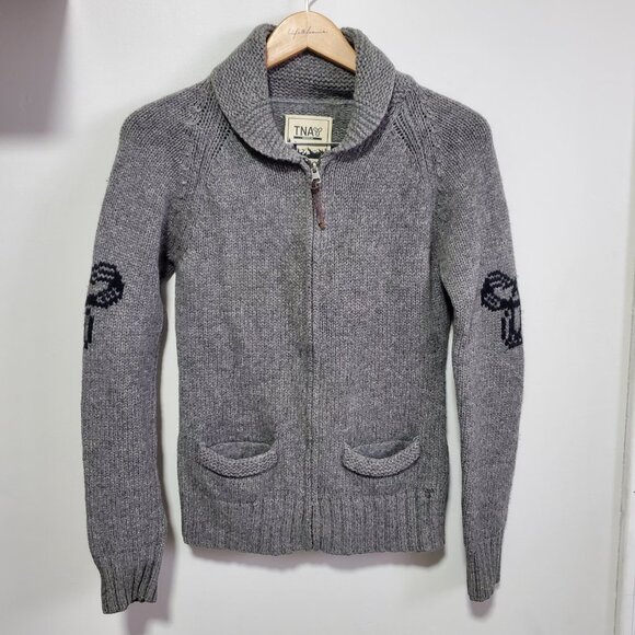 TNA Aritzia Lambswool Knit Pixelated Owl Sweater Cardigan Grey Women's Medium - Picture 2 of 15